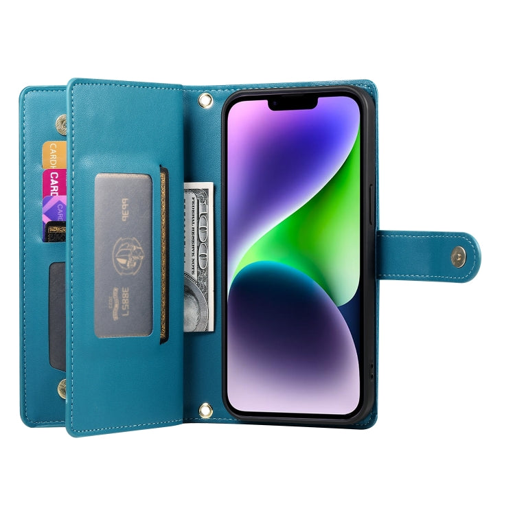 For iPhone 14 Plus Nine Card-slot Zipper Wallet Bag Leather Phone Case