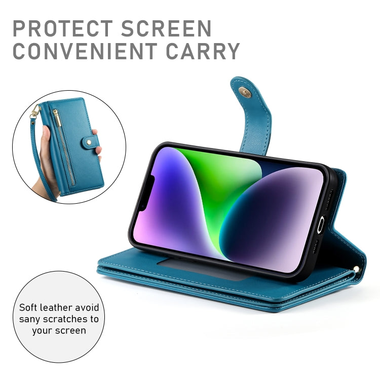 For iPhone 14 Plus Nine Card-slot Zipper Wallet Bag Leather Phone Case