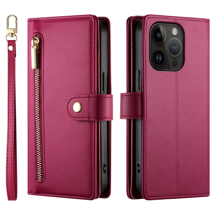 For iPhone 14 Pro Nine Card-slot Zipper Wallet Bag Leather Phone Case