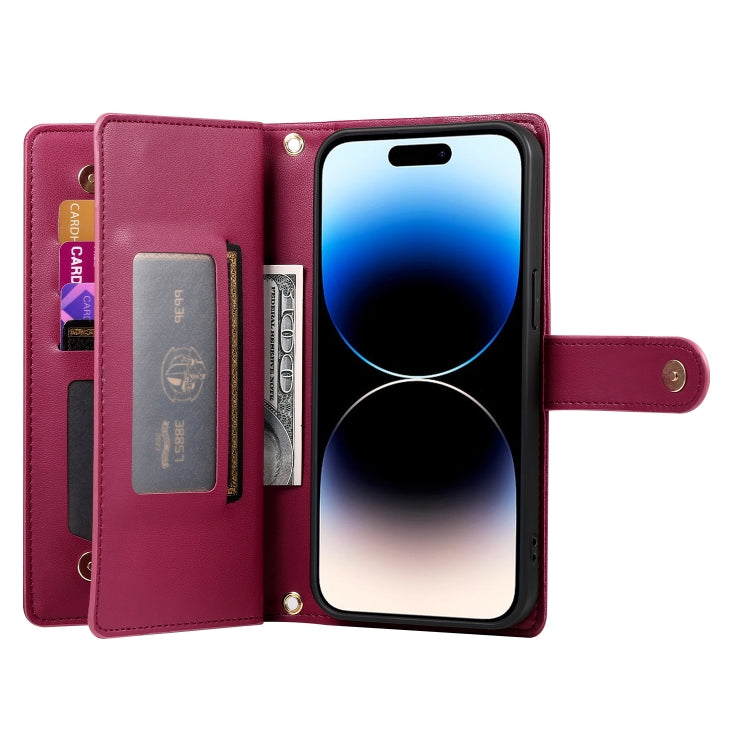 For iPhone 14 Pro Nine Card-slot Zipper Wallet Bag Leather Phone Case