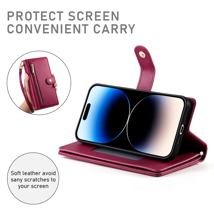 For iPhone 14 Pro Nine Card-slot Zipper Wallet Bag Leather Phone Case