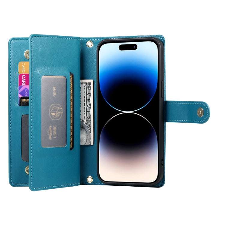 For iPhone 14 Pro Nine Card-slot Zipper Wallet Bag Leather Phone Case