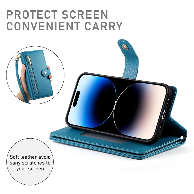 For iPhone 14 Pro Nine Card-slot Zipper Wallet Bag Leather Phone Case