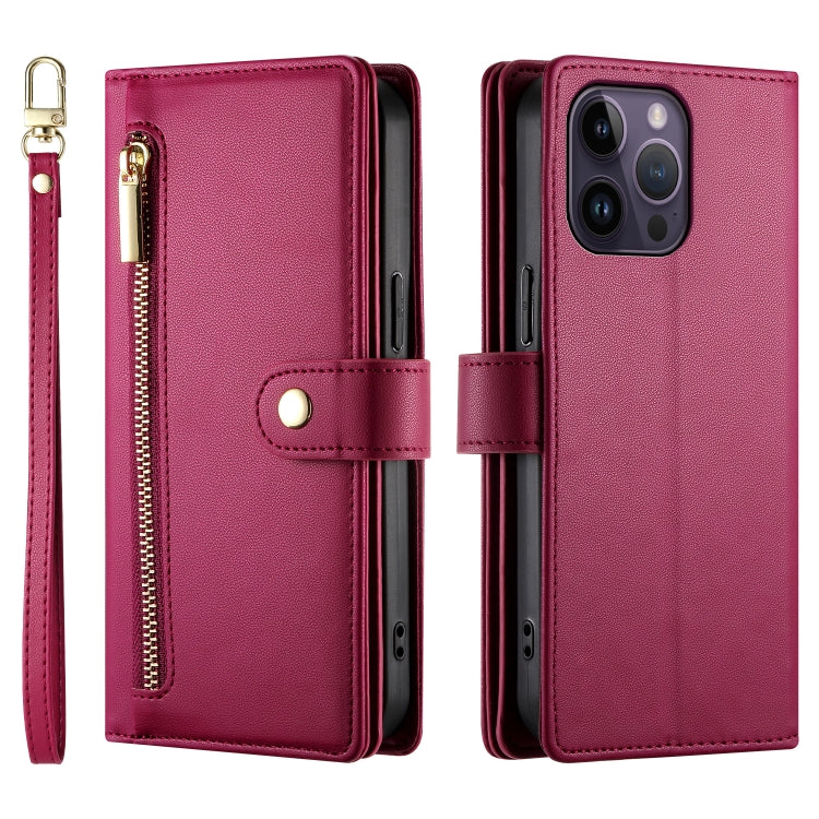 For iPhone 14 Pro Max Nine Card-slot Zipper Wallet Bag Leather Phone Case
