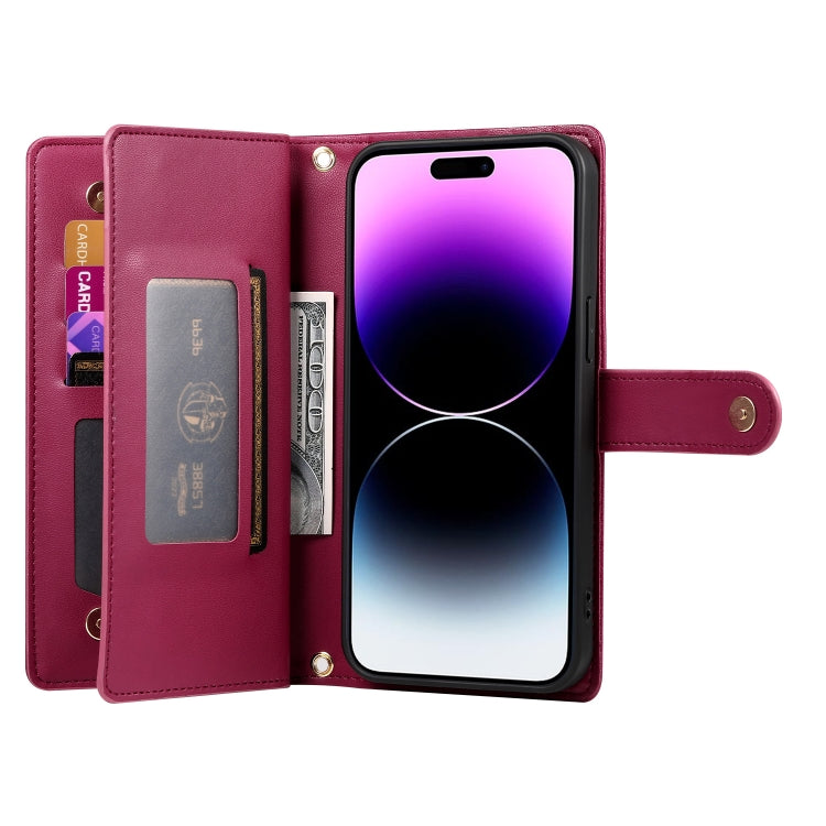 For iPhone 14 Pro Max Nine Card-slot Zipper Wallet Bag Leather Phone Case