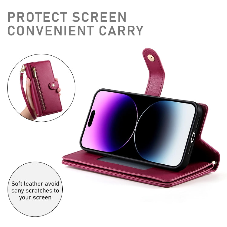 For iPhone 14 Pro Max Nine Card-slot Zipper Wallet Bag Leather Phone Case