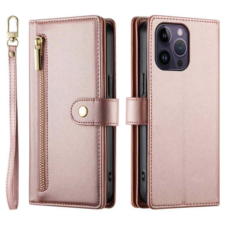 For iPhone 14 Pro Max Nine Card-slot Zipper Wallet Bag Leather Phone Case