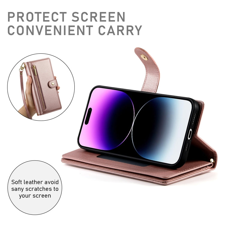 For iPhone 14 Pro Max Nine Card-slot Zipper Wallet Bag Leather Phone Case