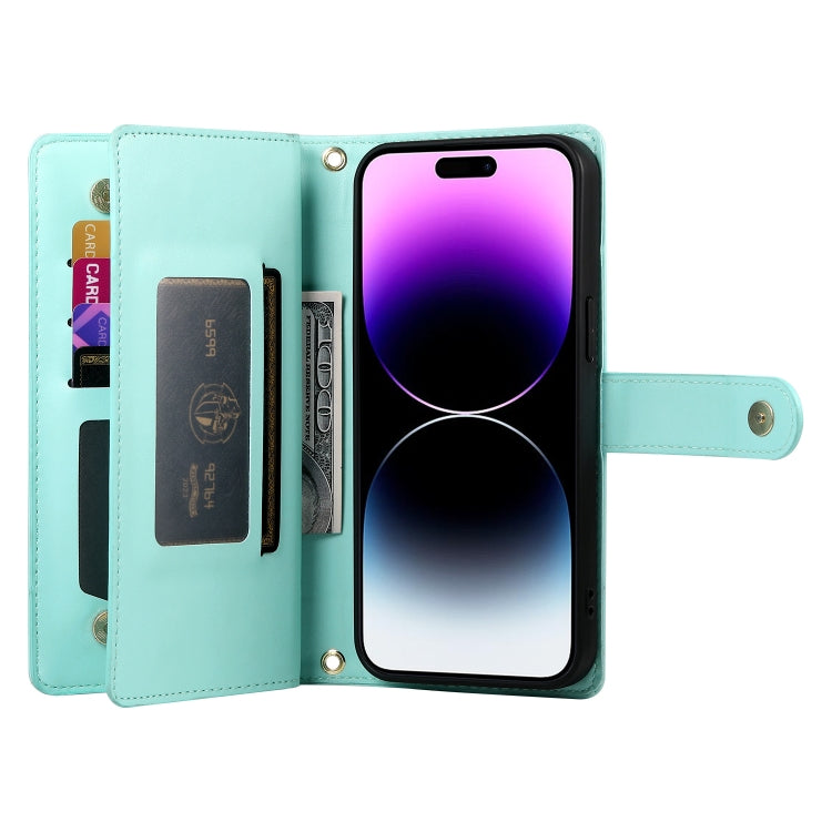 For iPhone 14 Pro Max Nine Card-slot Zipper Wallet Bag Leather Phone Case