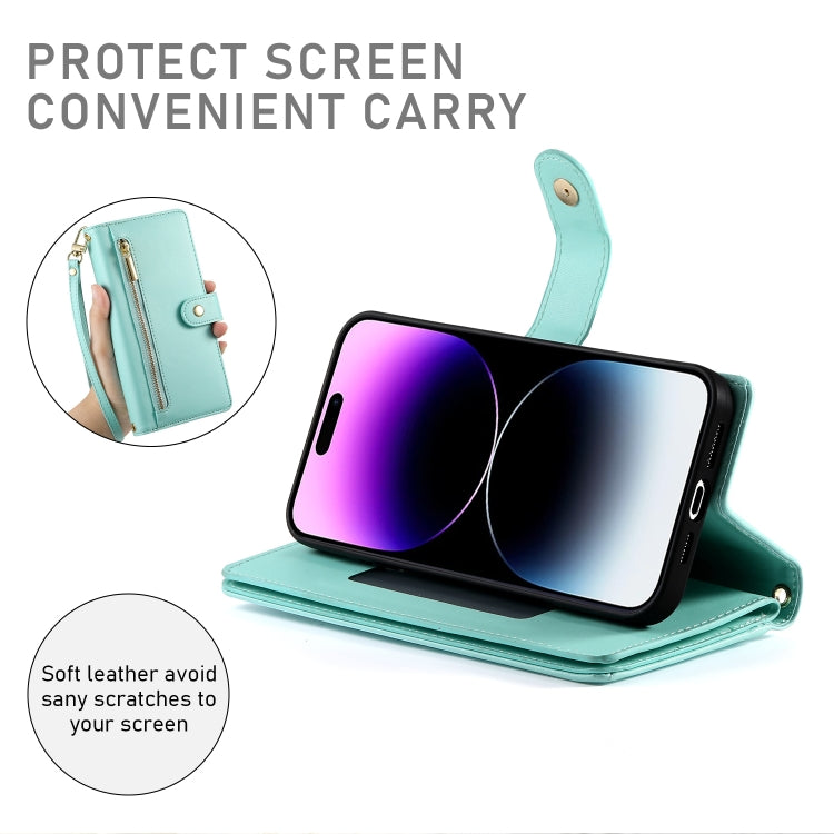 For iPhone 14 Pro Max Nine Card-slot Zipper Wallet Bag Leather Phone Case