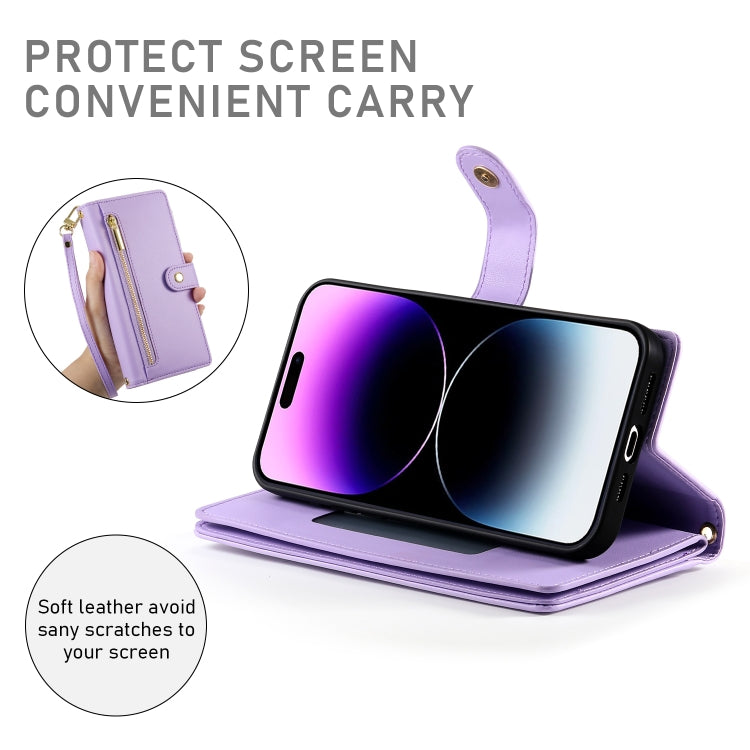 For iPhone 14 Pro Max Nine Card-slot Zipper Wallet Bag Leather Phone Case
