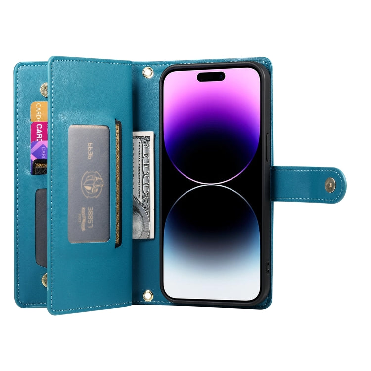 For iPhone 14 Pro Max Nine Card-slot Zipper Wallet Bag Leather Phone Case