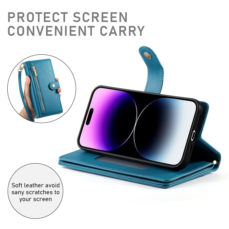 For iPhone 14 Pro Max Nine Card-slot Zipper Wallet Bag Leather Phone Case