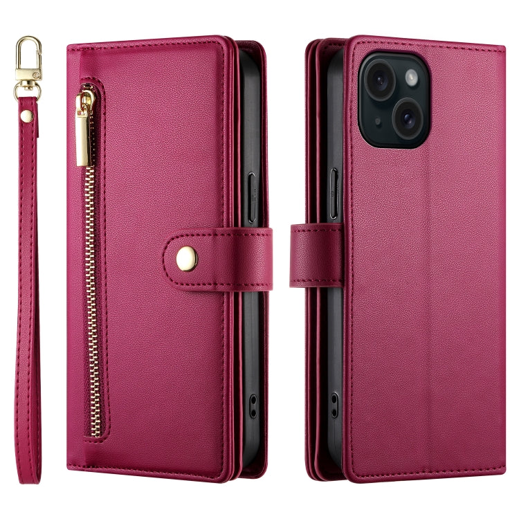For iPhone 15 Nine Card-slot Zipper Wallet Bag Leather Phone Case