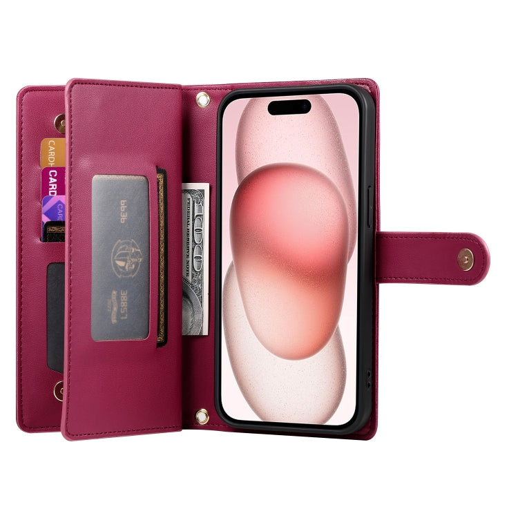 For iPhone 15 Nine Card-slot Zipper Wallet Bag Leather Phone Case