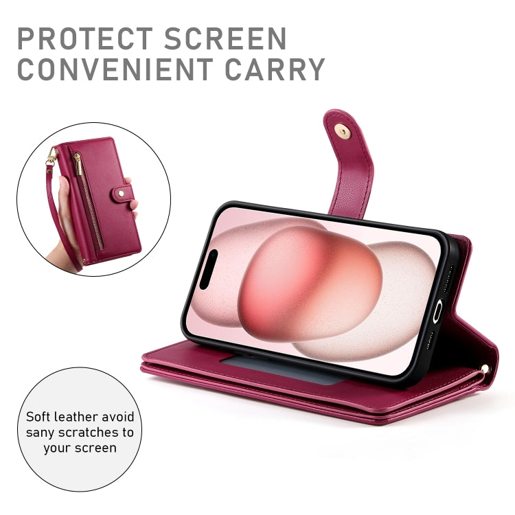 For iPhone 15 Nine Card-slot Zipper Wallet Bag Leather Phone Case