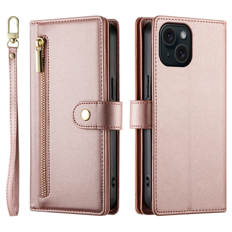 For iPhone 15 Nine Card-slot Zipper Wallet Bag Leather Phone Case