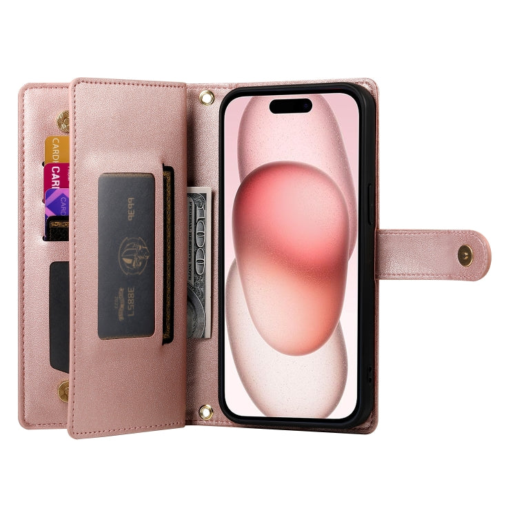 For iPhone 15 Nine Card-slot Zipper Wallet Bag Leather Phone Case
