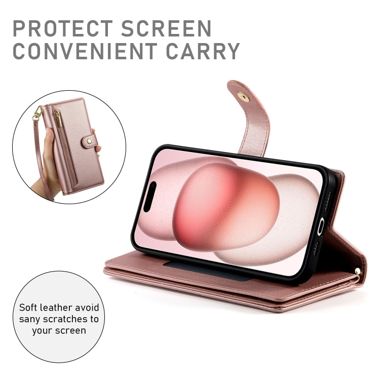 For iPhone 15 Nine Card-slot Zipper Wallet Bag Leather Phone Case