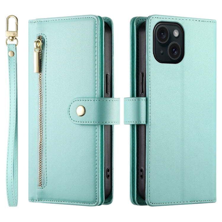 For iPhone 15 Nine Card-slot Zipper Wallet Bag Leather Phone Case