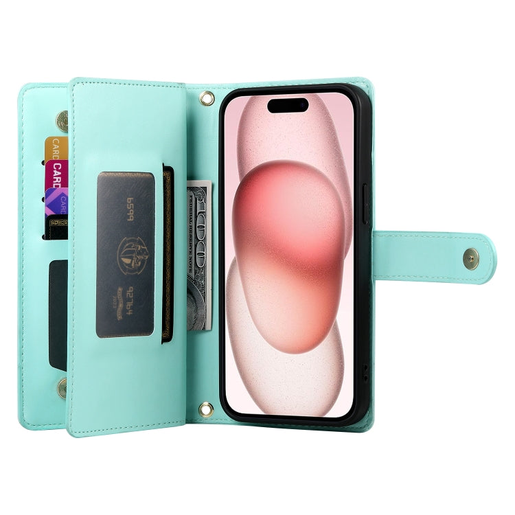 For iPhone 15 Nine Card-slot Zipper Wallet Bag Leather Phone Case