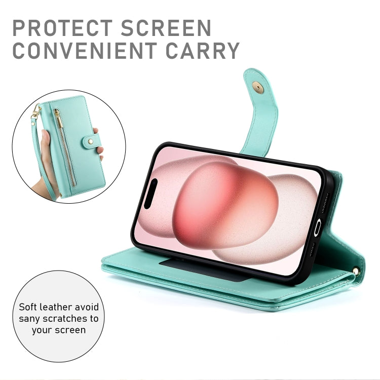 For iPhone 15 Nine Card-slot Zipper Wallet Bag Leather Phone Case