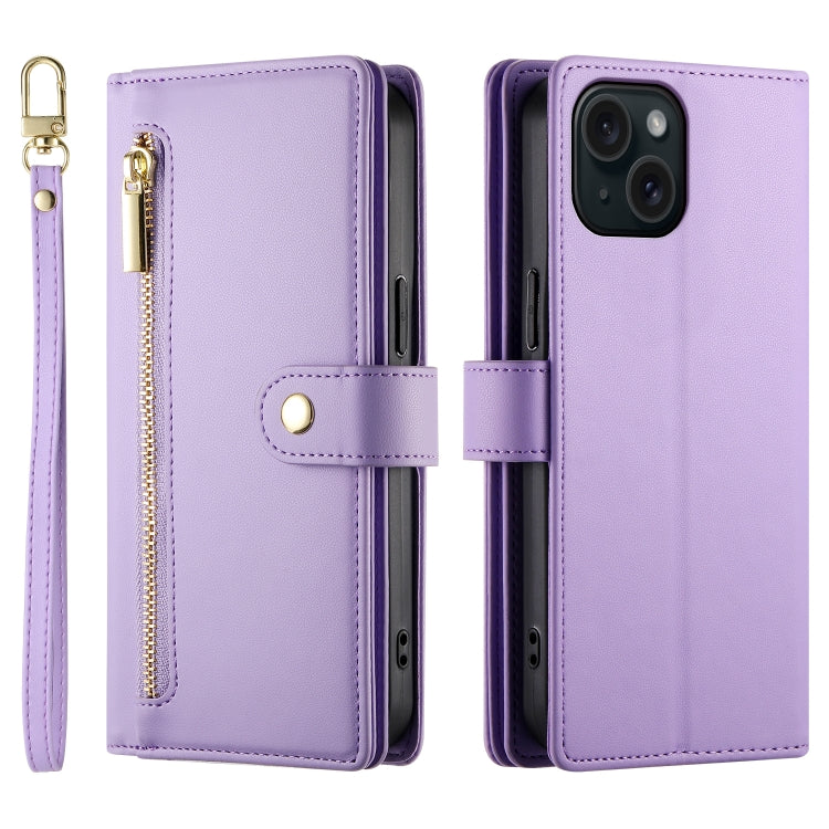 For iPhone 15 Nine Card-slot Zipper Wallet Bag Leather Phone Case