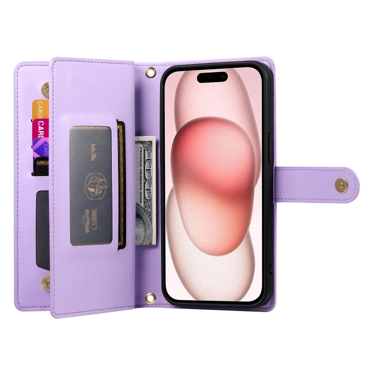 For iPhone 15 Nine Card-slot Zipper Wallet Bag Leather Phone Case