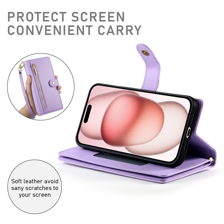 For iPhone 15 Nine Card-slot Zipper Wallet Bag Leather Phone Case