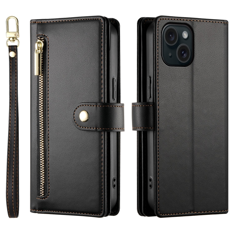 For iPhone 15 Nine Card-slot Zipper Wallet Bag Leather Phone Case