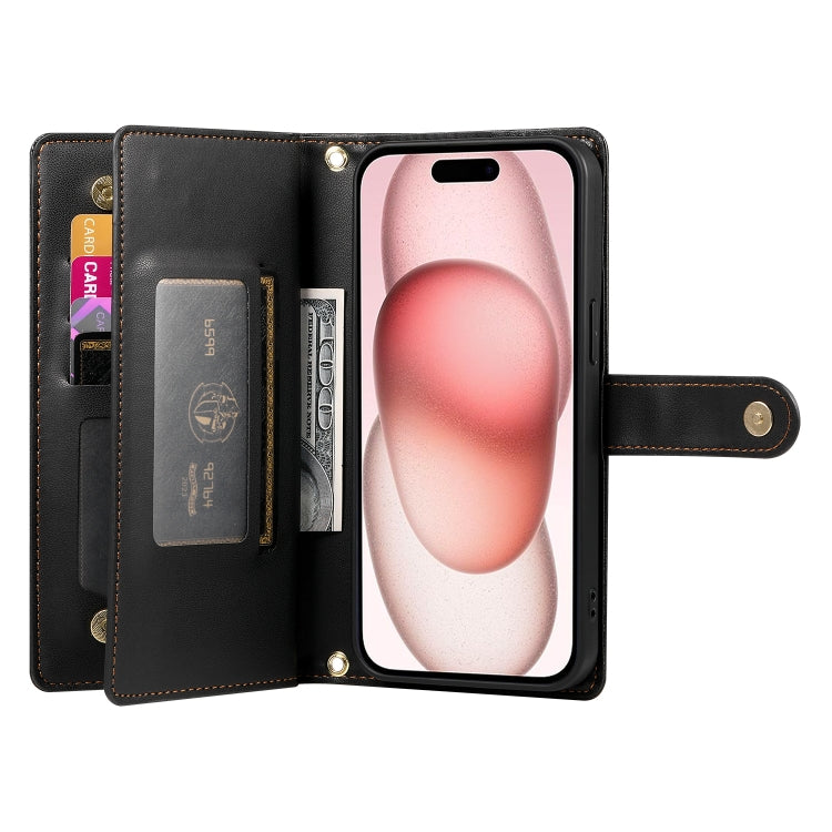 For iPhone 15 Nine Card-slot Zipper Wallet Bag Leather Phone Case