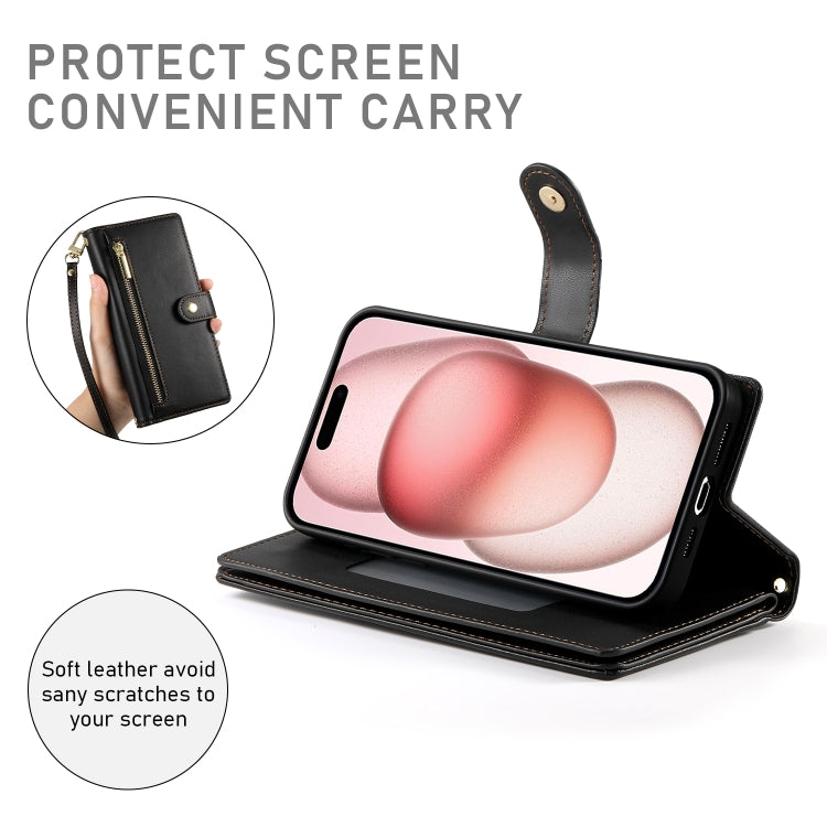 For iPhone 15 Nine Card-slot Zipper Wallet Bag Leather Phone Case