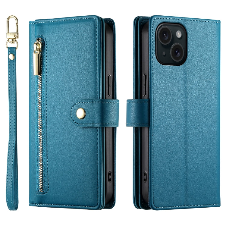 For iPhone 15 Nine Card-slot Zipper Wallet Bag Leather Phone Case