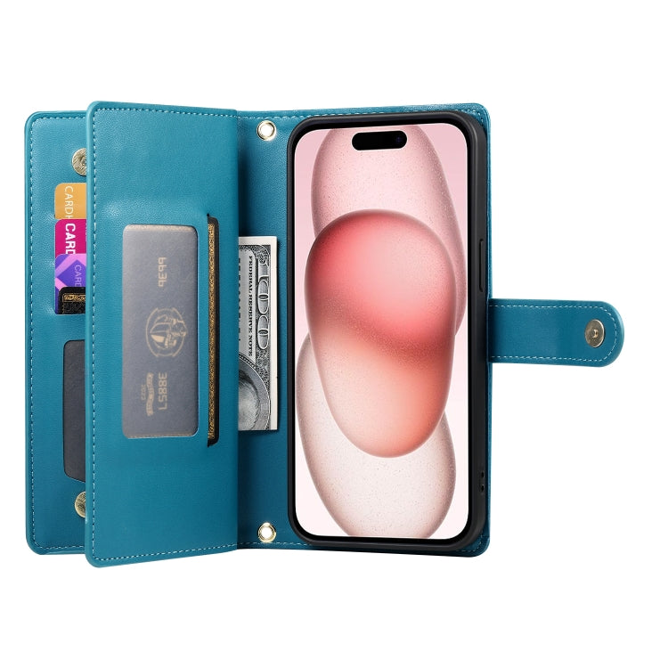 For iPhone 15 Nine Card-slot Zipper Wallet Bag Leather Phone Case
