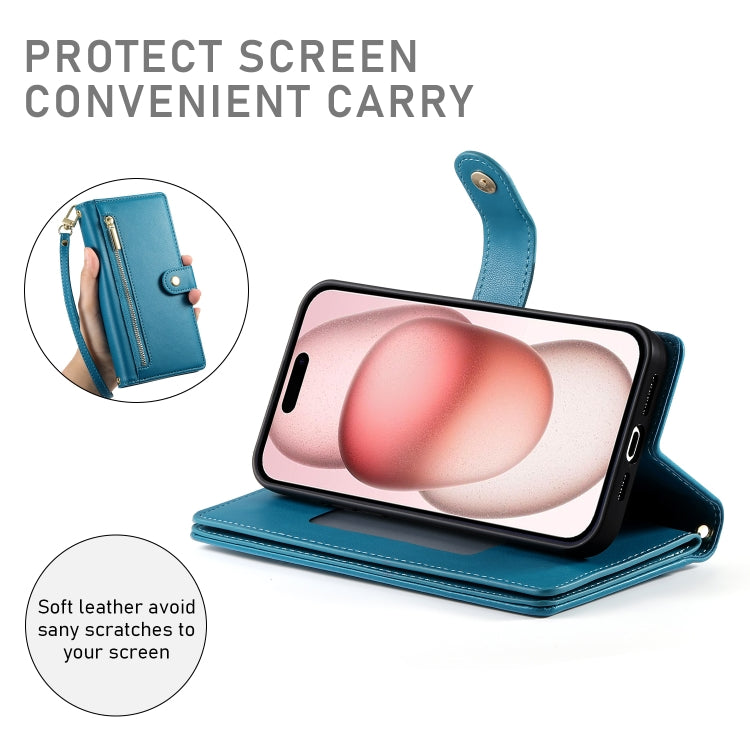 For iPhone 15 Nine Card-slot Zipper Wallet Bag Leather Phone Case