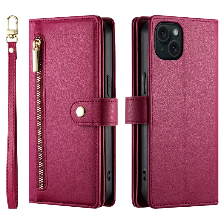 For iPhone 15 Plus Nine Card-slot Zipper Wallet Bag Leather Phone Case