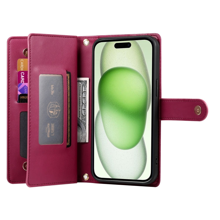 For iPhone 15 Plus Nine Card-slot Zipper Wallet Bag Leather Phone Case