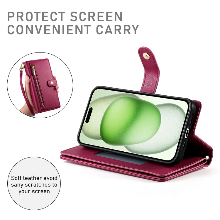 For iPhone 15 Plus Nine Card-slot Zipper Wallet Bag Leather Phone Case