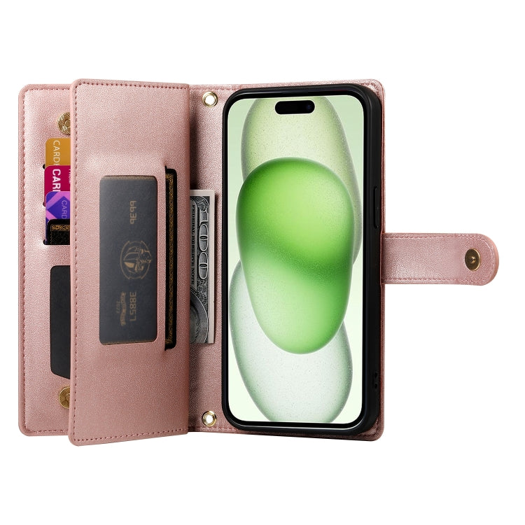 For iPhone 15 Plus Nine Card-slot Zipper Wallet Bag Leather Phone Case