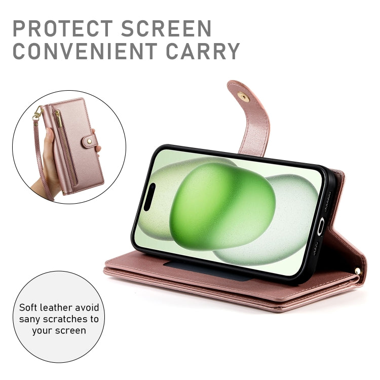 For iPhone 15 Plus Nine Card-slot Zipper Wallet Bag Leather Phone Case
