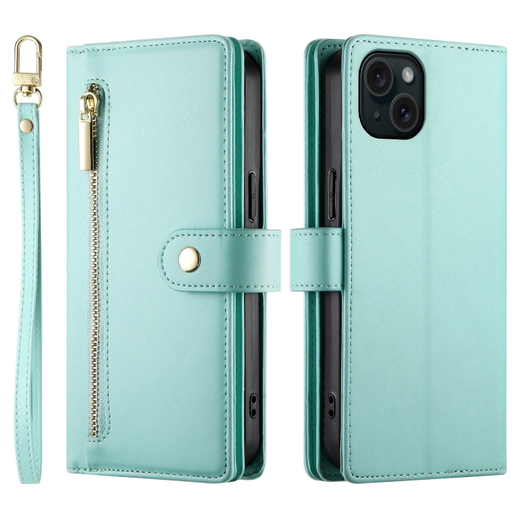 For iPhone 15 Plus Nine Card-slot Zipper Wallet Bag Leather Phone Case
