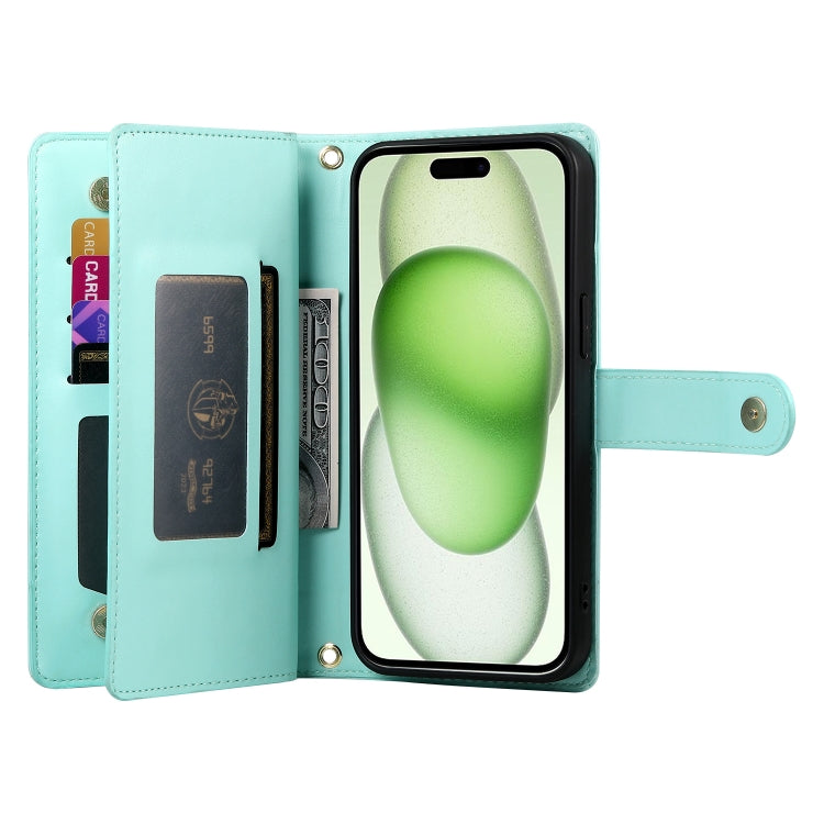 For iPhone 15 Plus Nine Card-slot Zipper Wallet Bag Leather Phone Case