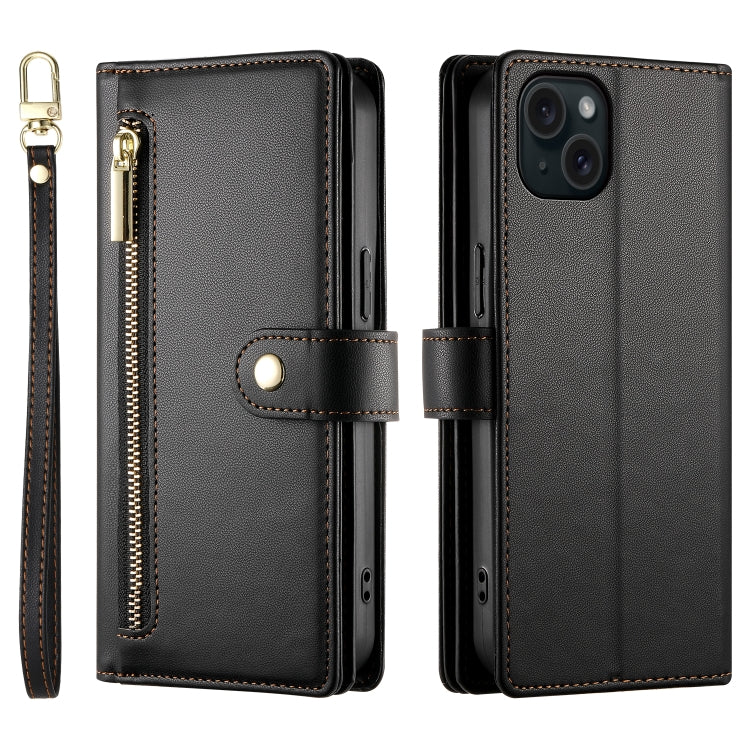 For iPhone 15 Plus Nine Card-slot Zipper Wallet Bag Leather Phone Case