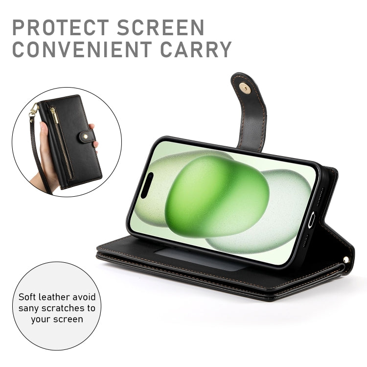 For iPhone 15 Plus Nine Card-slot Zipper Wallet Bag Leather Phone Case