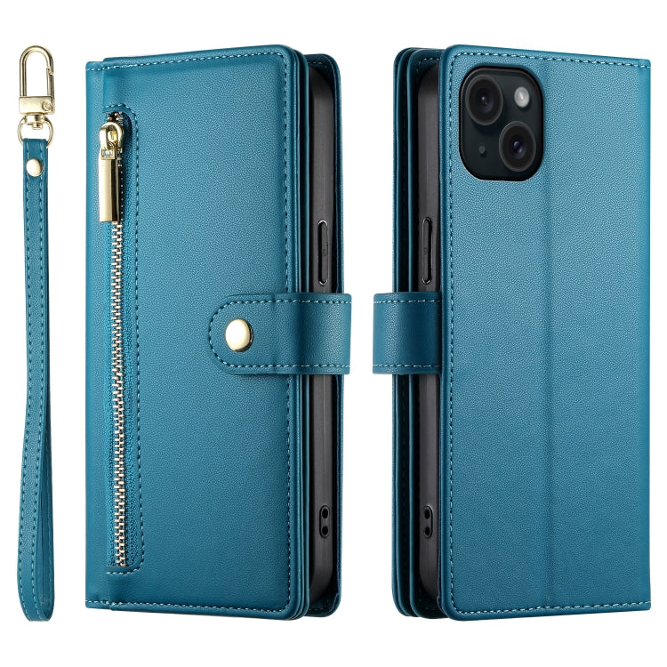 For iPhone 15 Plus Nine Card-slot Zipper Wallet Bag Leather Phone Case
