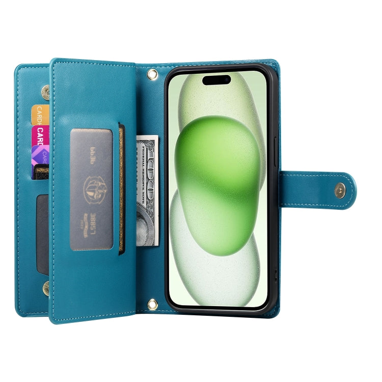 For iPhone 15 Plus Nine Card-slot Zipper Wallet Bag Leather Phone Case