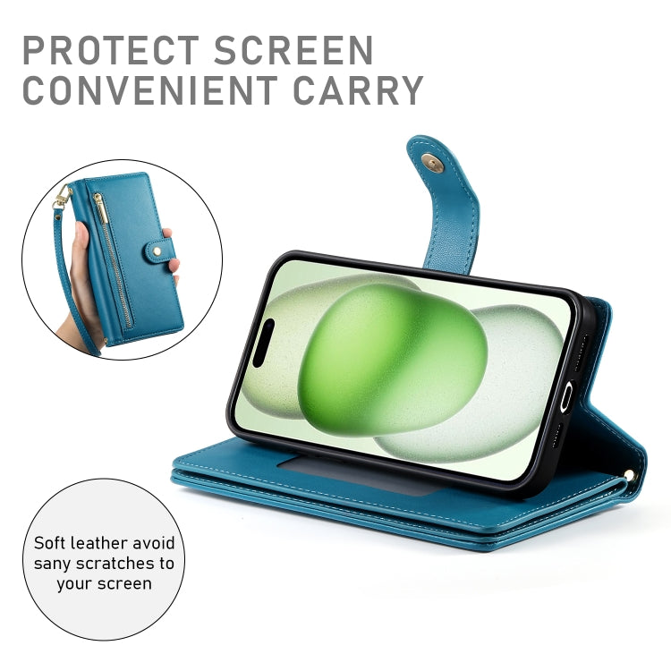 For iPhone 15 Plus Nine Card-slot Zipper Wallet Bag Leather Phone Case