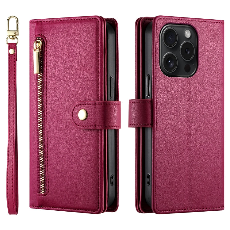 For iPhone 15 Pro Nine Card-slot Zipper Wallet Bag Leather Phone Case