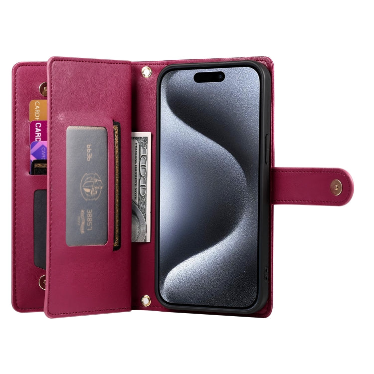 For iPhone 15 Pro Nine Card-slot Zipper Wallet Bag Leather Phone Case