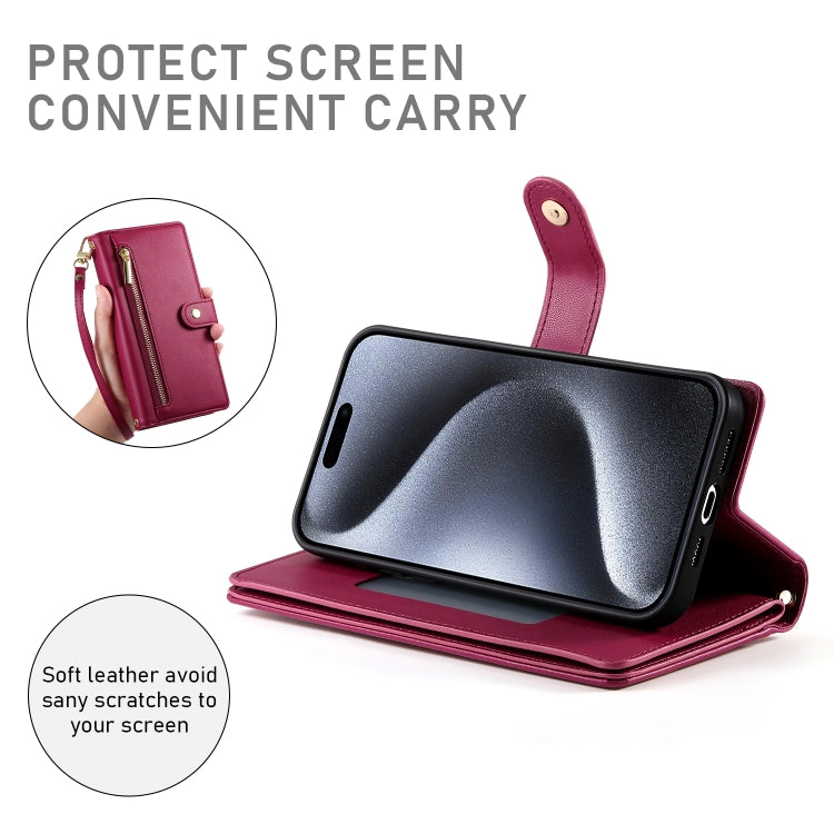 For iPhone 15 Pro Nine Card-slot Zipper Wallet Bag Leather Phone Case